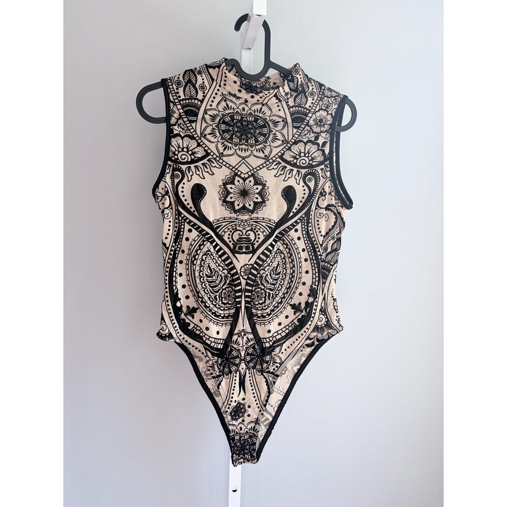 Boho Paisley Mandala Henna Print Mesh Sleeveless Bodysuit Cream Black XL
